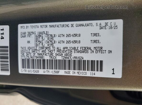 3TYLC5LN6ST049801 2025 TOYOTA TACOMA Green VIN კოდის სტიკერის ხედი