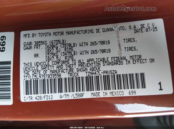 3TYLC5LN7ST039598 2025 TOYOTA TACOMA HYBRID Оранжевый 