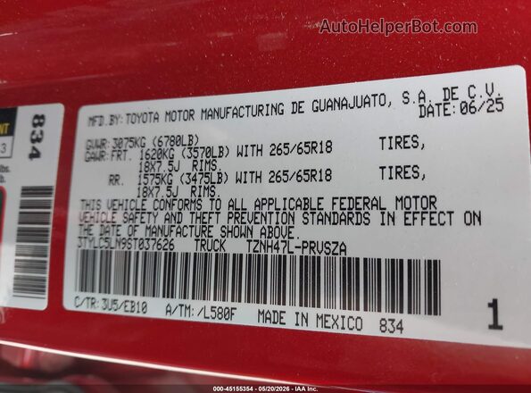 3TYLC5LN9ST037626 2025 TOYOTA TACOMA HYBRID Red Vista del compartimento del motor