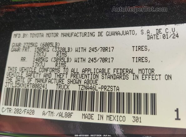 3TYLD5KN1RT000241 2024 TOYOTA TACOMA Black Vista del compartimento del motor