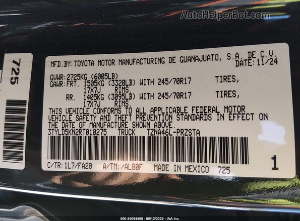 3TYLD5KN2RT010275 2024 TOYOTA TACOMA Серый Вид подкапотного пространства