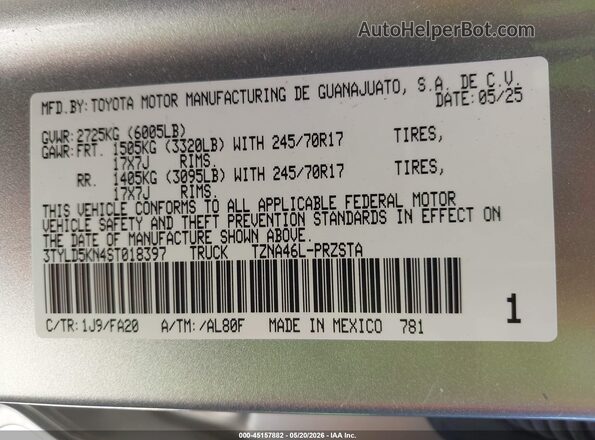 3TYLD5KN4ST018397 2025 TOYOTA TACOMA Silver Engine compartment view