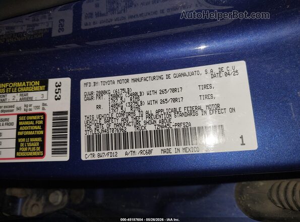 3TYLE5JN4ST076962 2025 TOYOTA TACOMA Blue Engine compartment view