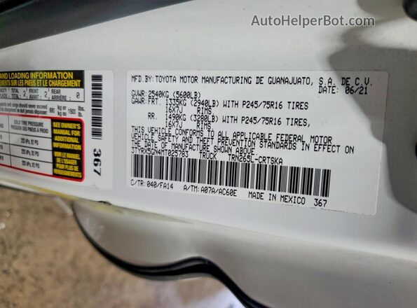3TYRX5GN4MT025783 2021 TOYOTA TACOMA White Vista del compartimento del motor