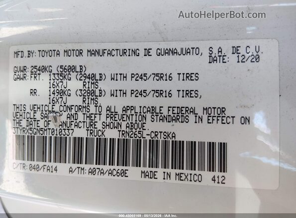 3TYRX5GN5MT010337 2021 TOYOTA TACOMA White Engine compartment view