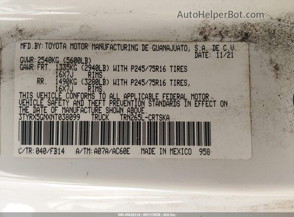 3TYRX5GNXNT038099 2022 TOYOTA TACOMA White Вид підкапотного простору