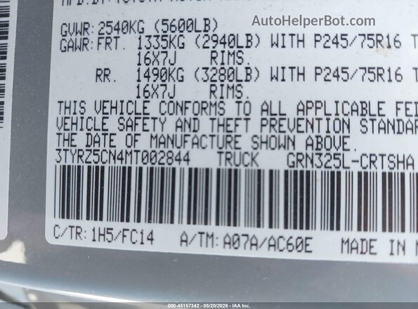 3TYRZ5CN4MT002844 2021 TOYOTA TACOMA Gray 