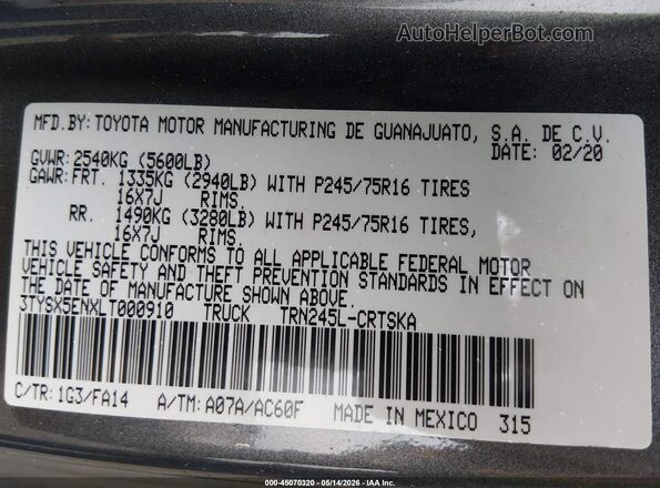 3TYSX5ENXLT000910 2020 TOYOTA TACOMA Gray Engine compartment view