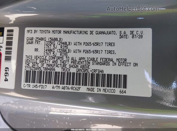 3TYSZ5AN5LT004086 2020 TOYOTA TACOMA Gray Vista del compartimento del motor