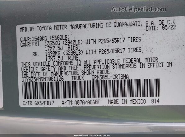 3TYSZ5AN9NT081126 2022 TOYOTA TACOMA Gray Вид підкапотного простору
