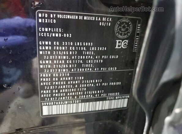 3VV0B7AX0JM157381 2018 VOLKSWAGEN TIGUAN Black Вид наклейки з VIN-кодом