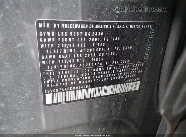 3VV0B7AX0KM054950 2019 VOLKSWAGEN TIGUAN Gray 