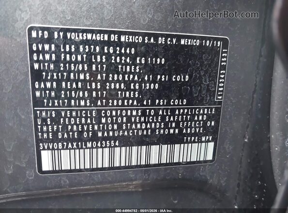 3VV0B7AX1LM043554 2020 VOLKSWAGEN TIGUAN Gray 