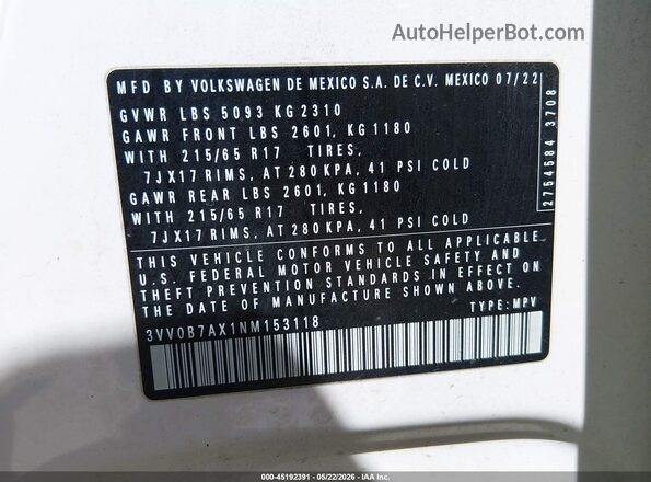 3VV0B7AX1NM153118 2022 VOLKSWAGEN TIGUAN Белый Вид подкапотного пространства