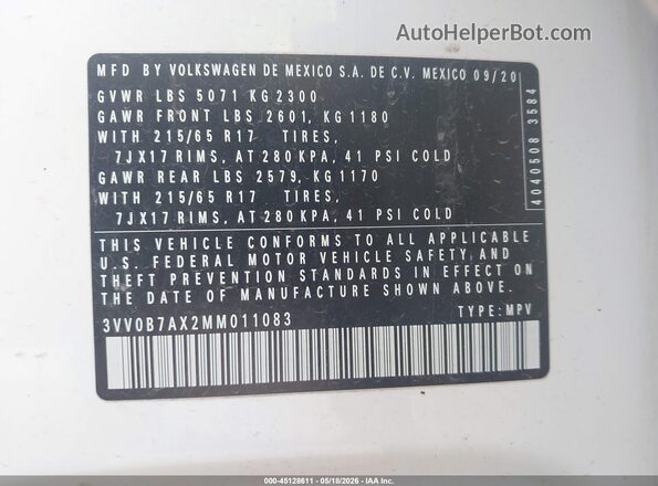3VV0B7AX2MM011083 2021 VOLKSWAGEN TIGUAN White 