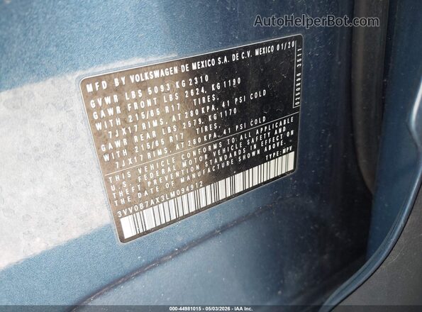3VV0B7AX3LM094912 2020 VOLKSWAGEN TIGUAN Blue 