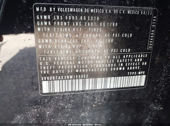 3VV0B7AX3NM169952 2022 VOLKSWAGEN TIGUAN Черный Вид подкапотного пространства