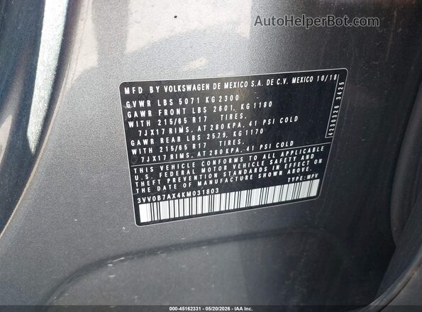 3VV0B7AX4KM031803 2019 VOLKSWAGEN TIGUAN Gray 