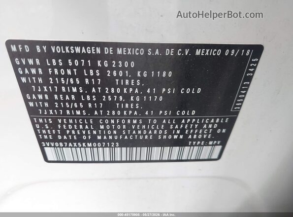 3VV0B7AX5KM007123 2019 VOLKSWAGEN TIGUAN White Շարժիչի բաժամունքի տեսք