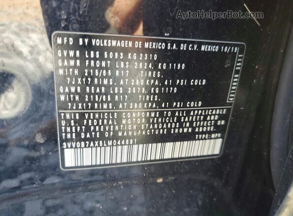 3VV0B7AX5LM044691 2020 VOLKSWAGEN TIGUAN Black VIN კოდის სტიკერის ხედი