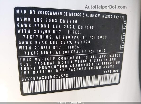 3VV0B7AX6JM078538 2018 VOLKSWAGEN TIGUAN White Շարժիչի բաժամունքի տեսք