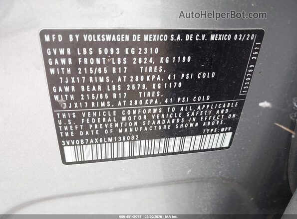3VV0B7AX6LM139082 2020 VOLKSWAGEN TIGUAN Gray Widok komory silnika