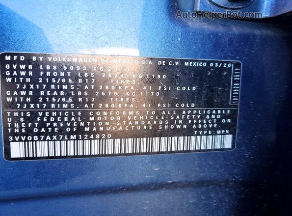 3VV0B7AX7LM124820 2020 VOLKSWAGEN TIGUAN Blue 