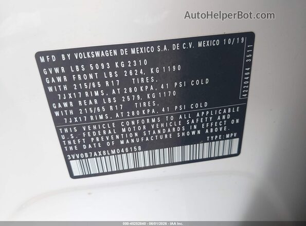 3VV0B7AX8LM046158 2020 VOLKSWAGEN TIGUAN Белый Вид подкапотного пространства