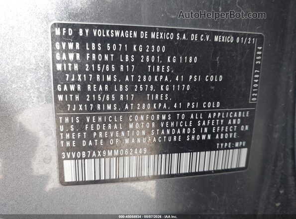 3VV0B7AX9MM062449 2021 VOLKSWAGEN TIGUAN Gray 