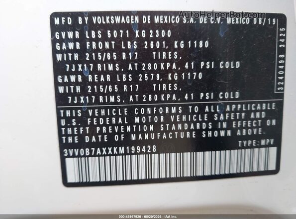 3VV0B7AXXKM199428 2019 VOLKSWAGEN TIGUAN White 