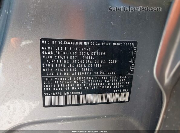 3VV1B7AX1MM003903 2021 VOLKSWAGEN TIGUAN Серебряный 