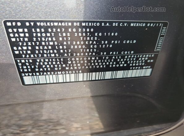 3VV1B7AX2JM030314 2018 VOLKSWAGEN TIGUAN Gray 