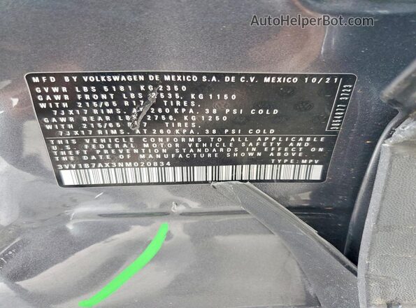 3VV1B7AX3NM020834 2022 VOLKSWAGEN TIGUAN Gray 