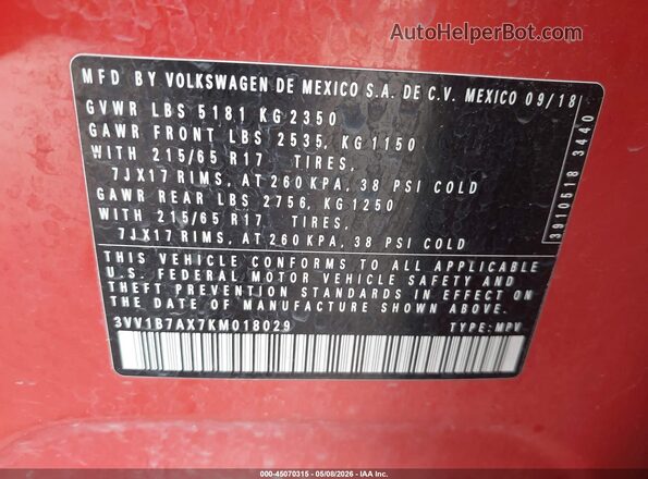 3VV1B7AX7KM018029 2019 VOLKSWAGEN TIGUAN Оранжевый 