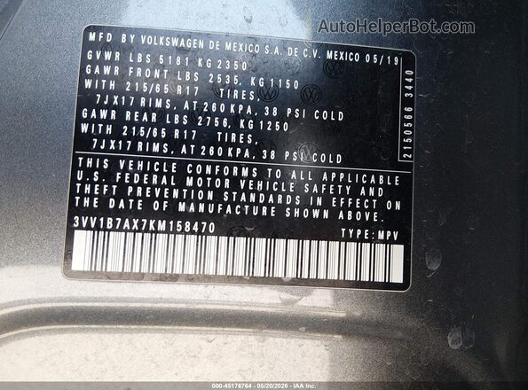 3VV1B7AX7KM158470 2019 VOLKSWAGEN TIGUAN Gray 