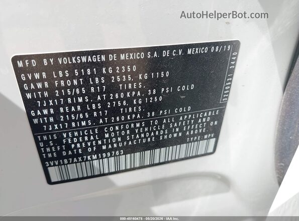 3VV1B7AX7KM199763 2019 VOLKSWAGEN TIGUAN White Вид підкапотного простору