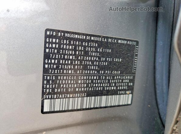 3VV1B7AX7NM088232 2022 VOLKSWAGEN TIGUAN Silver 