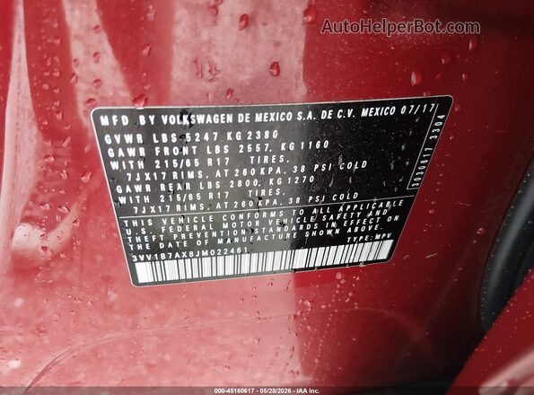 3VV1B7AX8JM022461 2018 VOLKSWAGEN TIGUAN Темно-бордовый Вид подкапотного пространства
