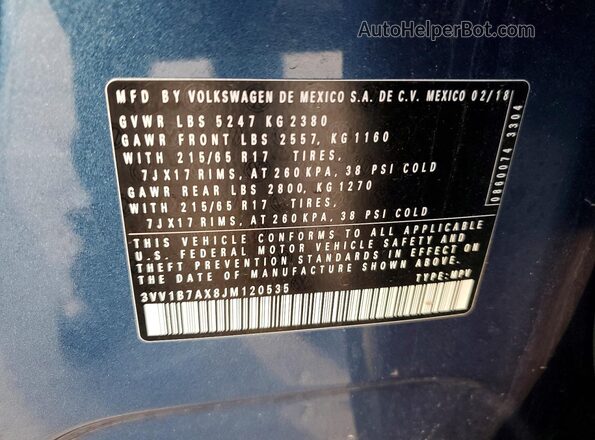3VV1B7AX8JM120535 2018 VOLKSWAGEN TIGUAN Blue 