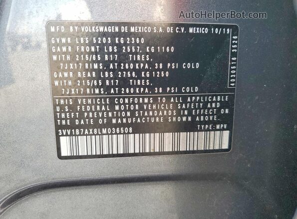 3VV1B7AX8LM036508 2020 VOLKSWAGEN TIGUAN Gray VIN კოდის სტიკერის ხედი