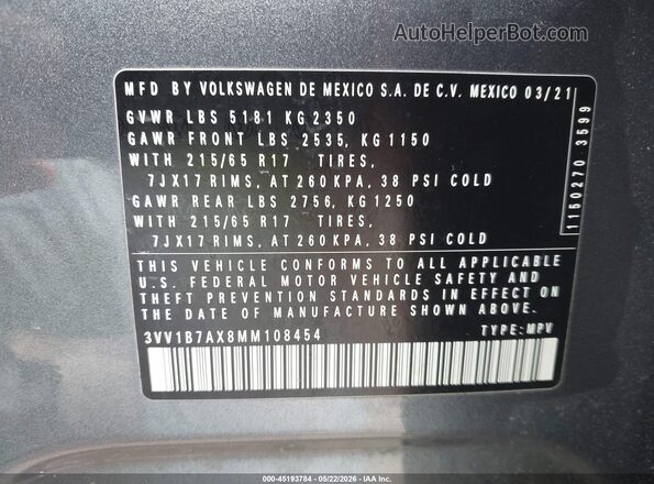 3VV1B7AX8MM108454 2021 VOLKSWAGEN TIGUAN Gray Widok komory silnika