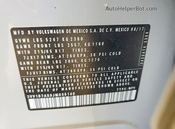 3VV1B7AX9JM035140 2018 VOLKSWAGEN TIGUAN Gray Vista interior de 360 grados