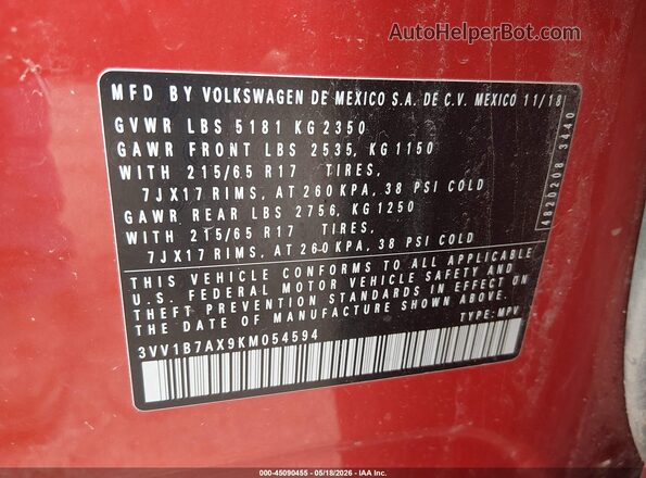 3VV1B7AX9KM054594 2019 VOLKSWAGEN TIGUAN Orange Engine compartment view