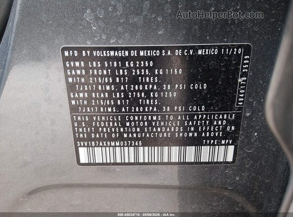 3VV1B7AX9MM037345 2021 VOLKSWAGEN TIGUAN Gray Շարժիչի բաժամունքի տեսք
