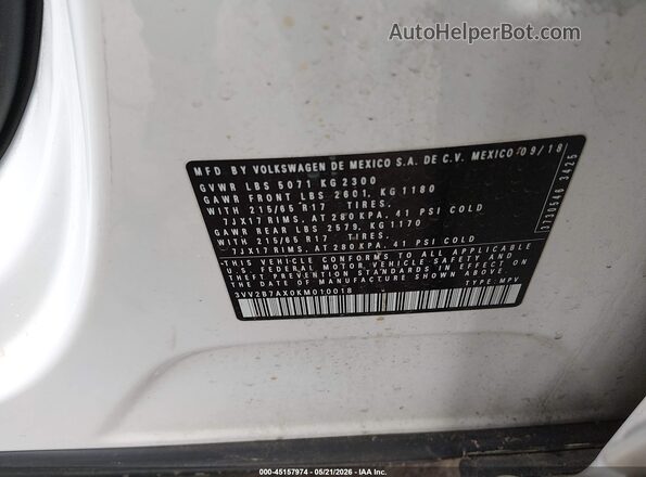 3VV2B7AX0KM010018 2019 VOLKSWAGEN TIGUAN White Շարժիչի բաժամունքի տեսք