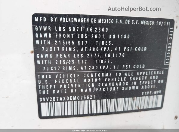 3VV2B7AX0KM025621 2019 VOLKSWAGEN TIGUAN Brown Vista del compartimento del motor