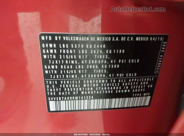 3VV2B7AX0KM141224 2019 VOLKSWAGEN TIGUAN Orange Widok komory silnika