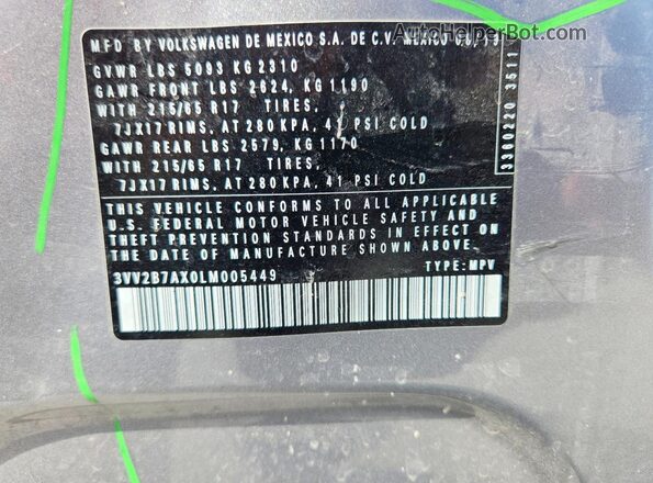 3VV2B7AX0LM005449 2020 VOLKSWAGEN TIGUAN Silver Սալոնի 360 աստիճան տեսք