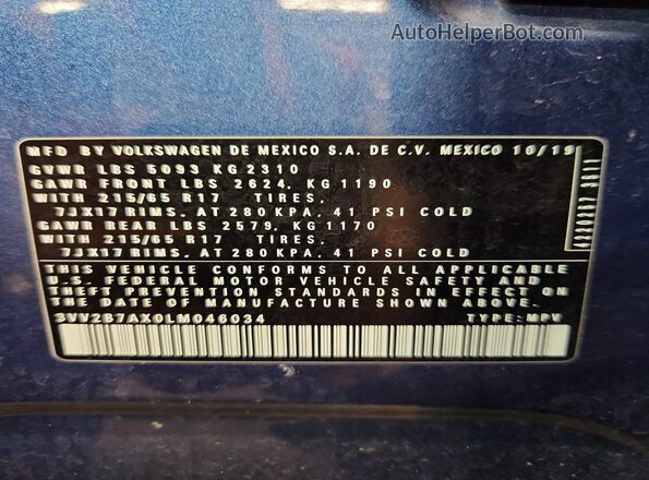 3VV2B7AX0LM046034 2020 VOLKSWAGEN TIGUAN Blue 