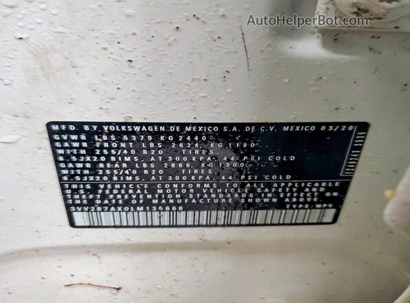 3VV2B7AX0LM135666 2020 VOLKSWAGEN TIGUAN White Панорамний вид салону 360°